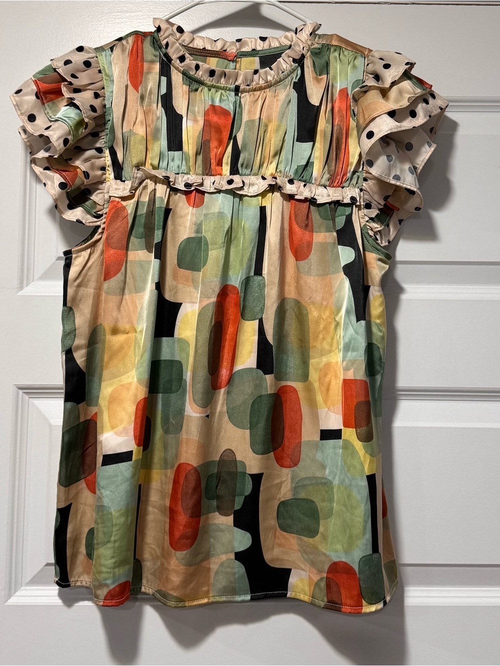 Geometric Ruffle-Sleeve Blouse - Green Multi - Picture 2 of 11
